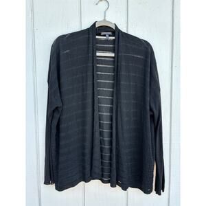 Eileen Fisher Black Open Knit Cardigan, Sheer Stripes, Lightweight, Sz L